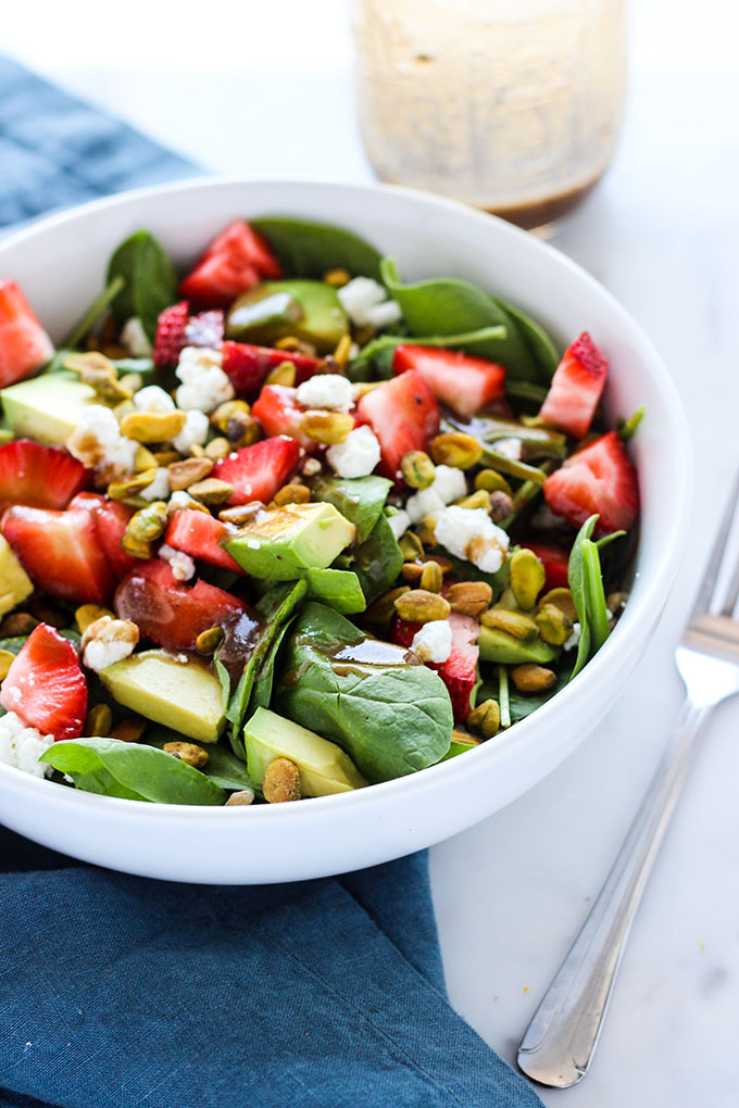 Strawberry Avocado and Farro Salad with pistachios and goat cheese