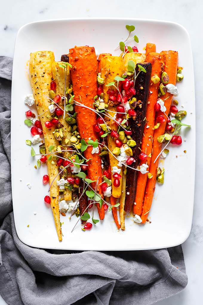 Rosemary Roasted Carrots with Goat Cheese and Pomegranate